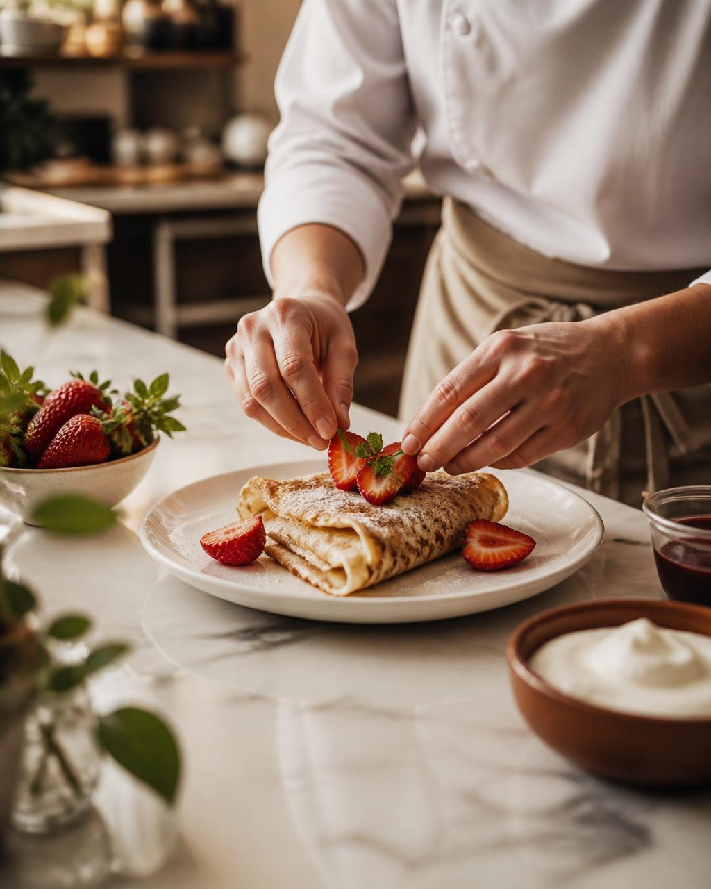 Përgatitja me kujdes e një crepe me luleshtrydhe të freskëta