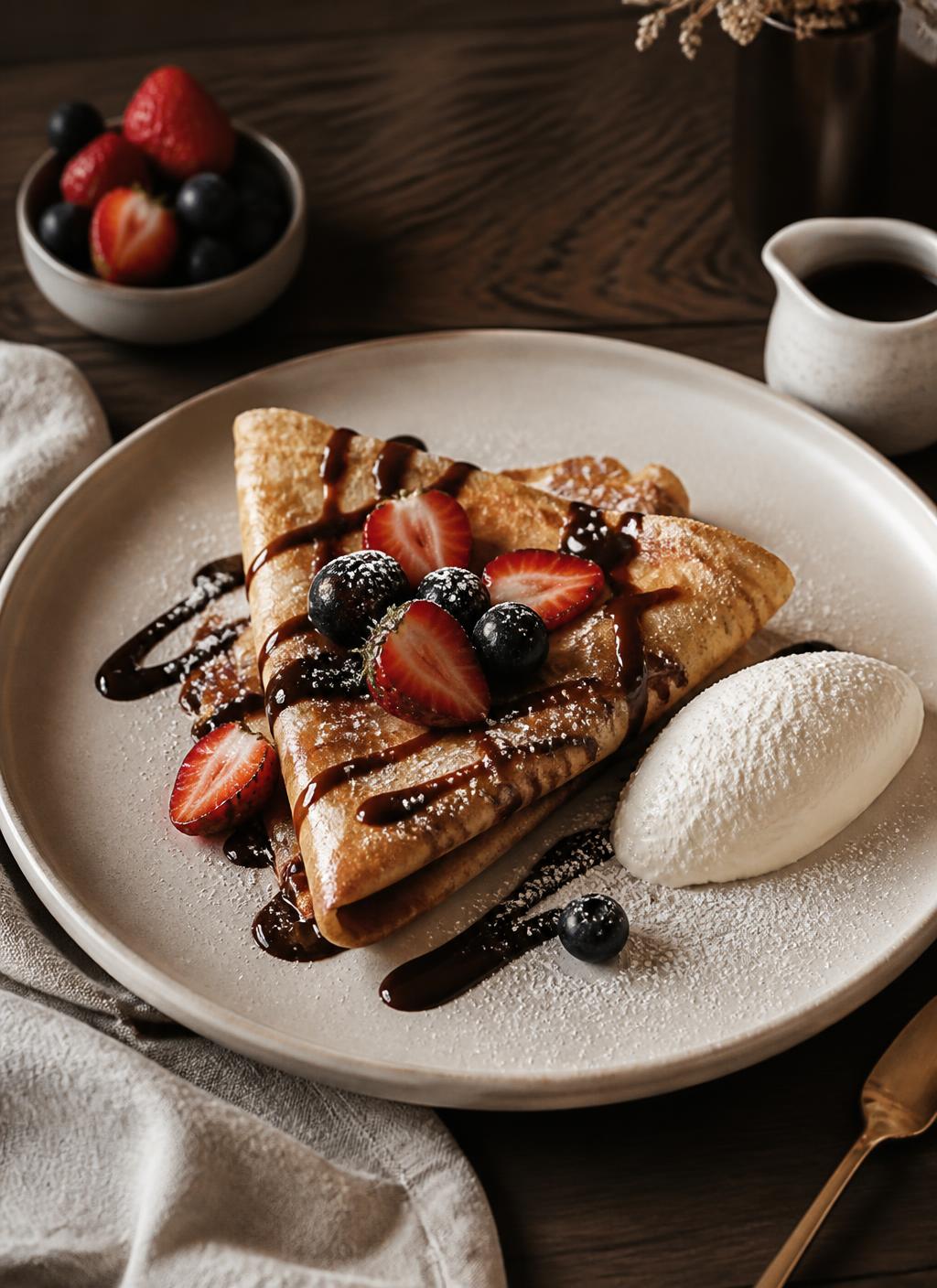 Crepe premium me çokollatë, luleshtrydhe dhe krem në pjatë qeramike