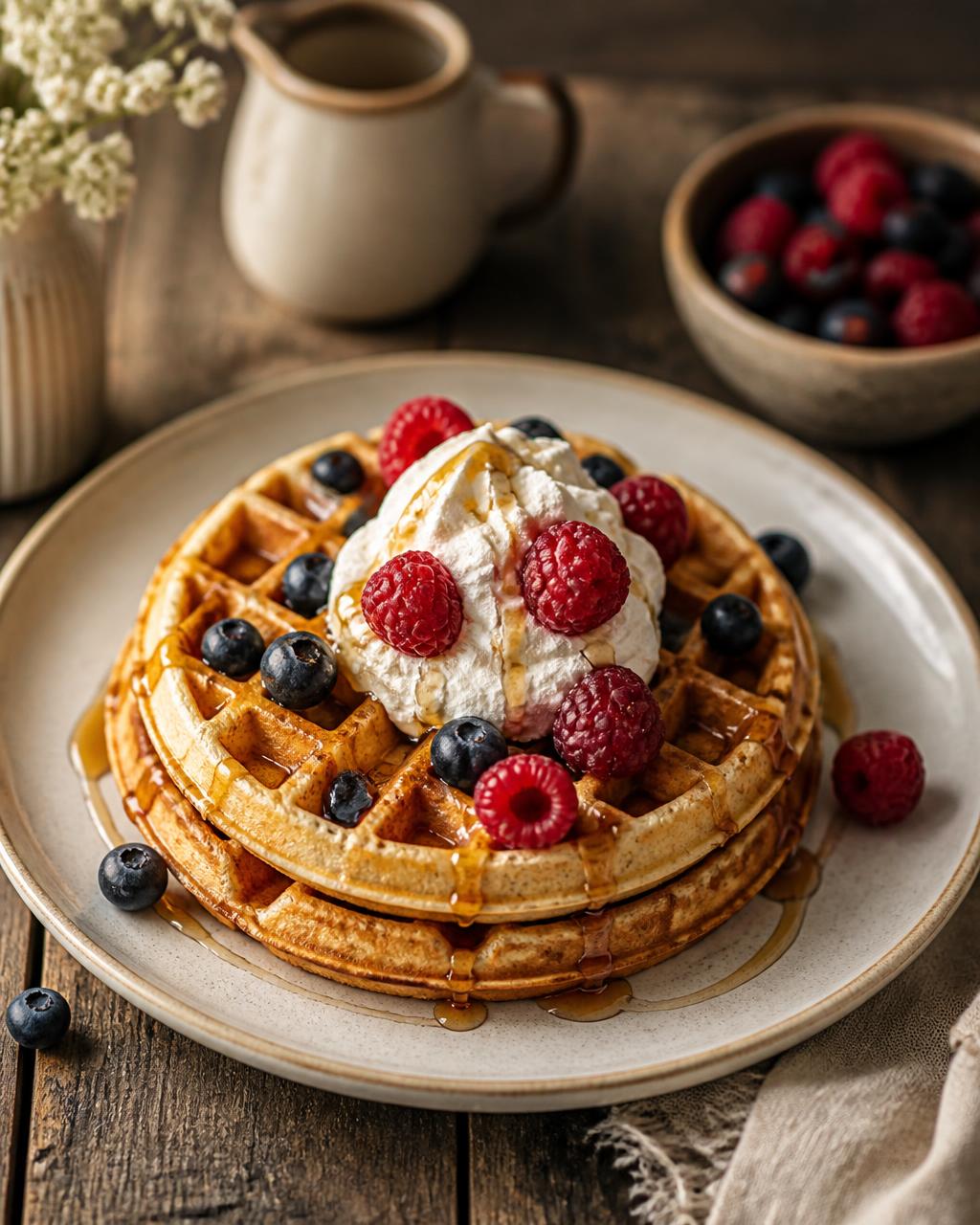 Waffle i artë me mjedra, boronica dhe krem